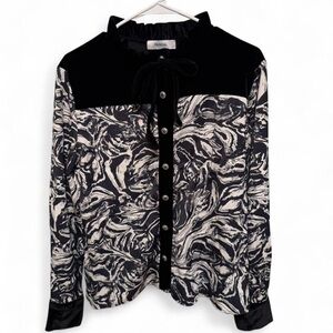 Pascal Black and White Button-Up Blouse with Tie Neck and Velvet accents